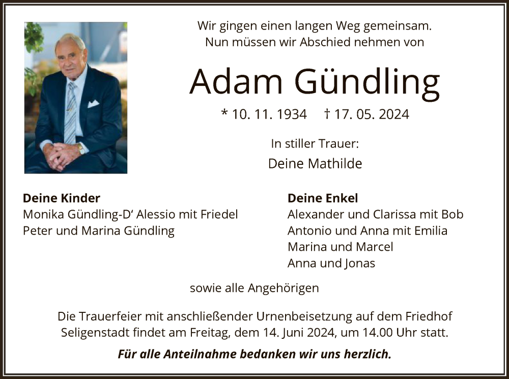  Traueranzeige für Adam Gündling vom 01.06.2024 aus OF