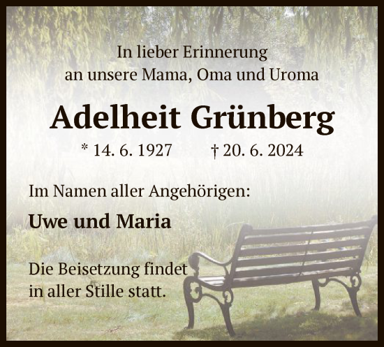 Traueranzeige von Adelheit Grünberg von OF