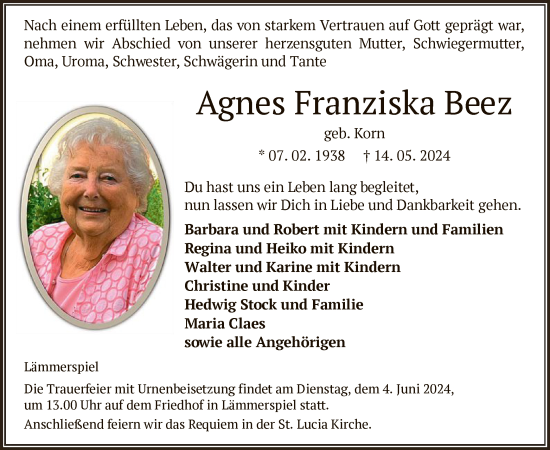 Traueranzeige von Agnes  Beez von OF