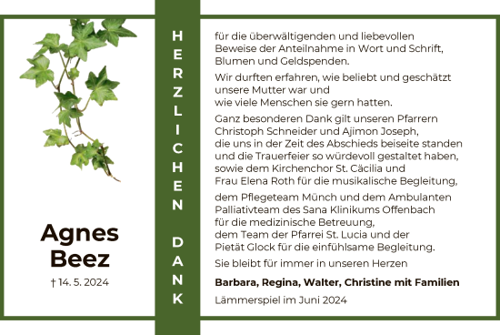 Traueranzeige von Agnes  Beez von OF