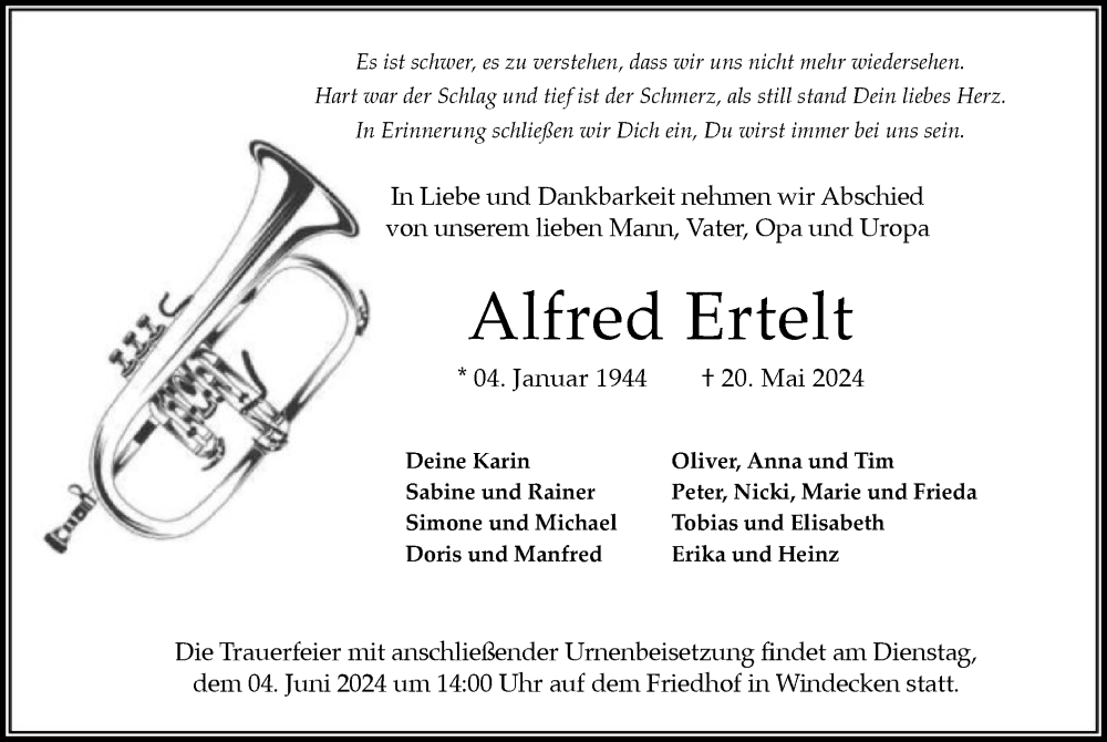  Traueranzeige für Alfred Ertelt vom 01.06.2024 aus OF