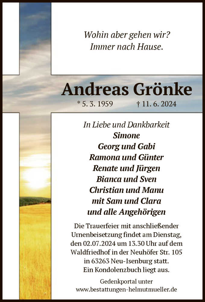  Traueranzeige für Andreas Grönke vom 22.06.2024 aus OF