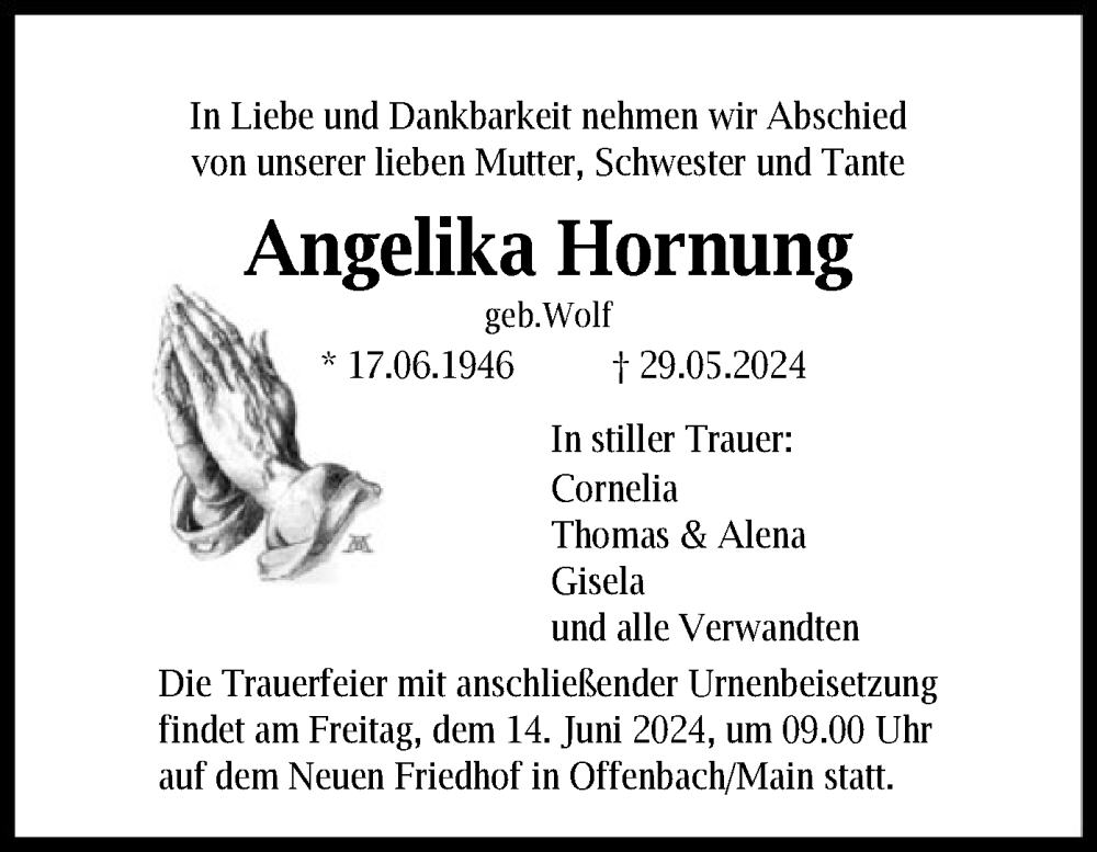  Traueranzeige für Angelika Hornung vom 08.06.2024 aus OF