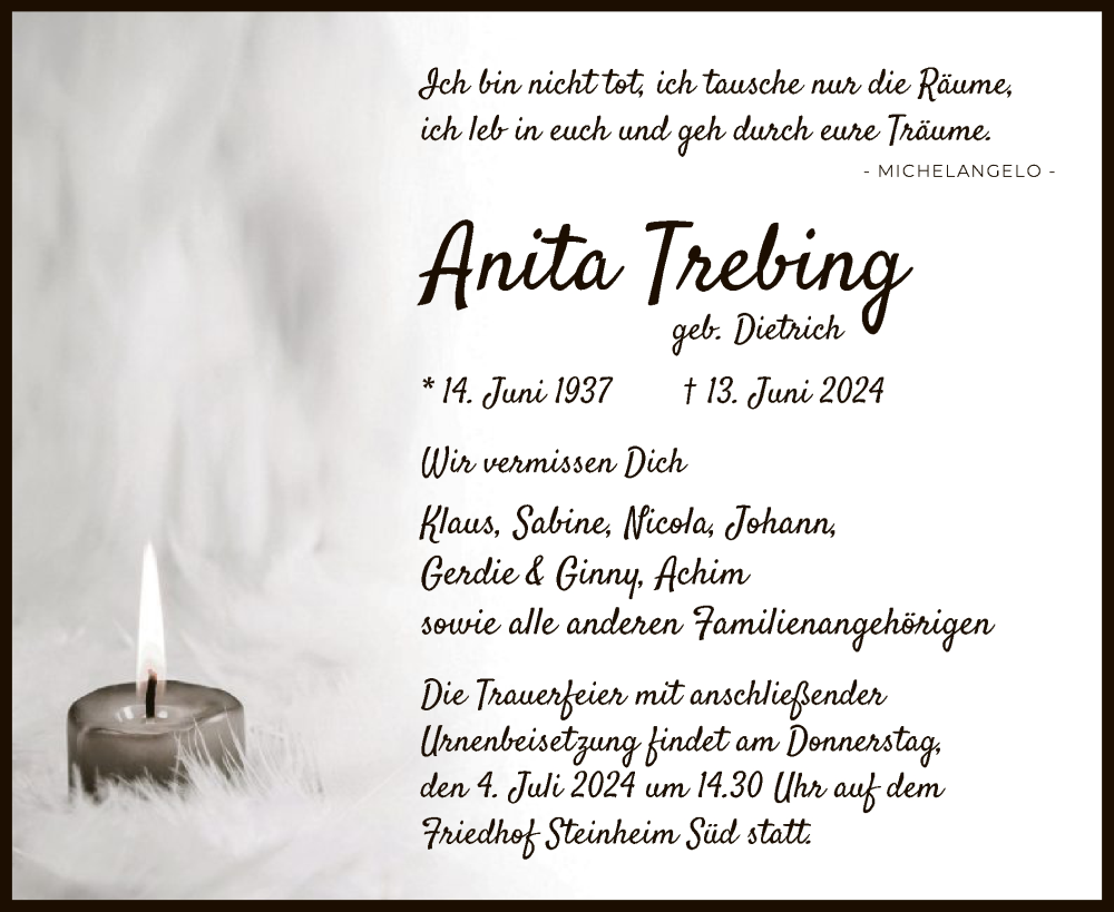  Traueranzeige für Anita Trebing vom 29.06.2024 aus OF