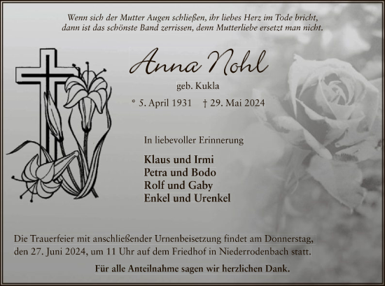 Traueranzeige von Anna Nohl von OF