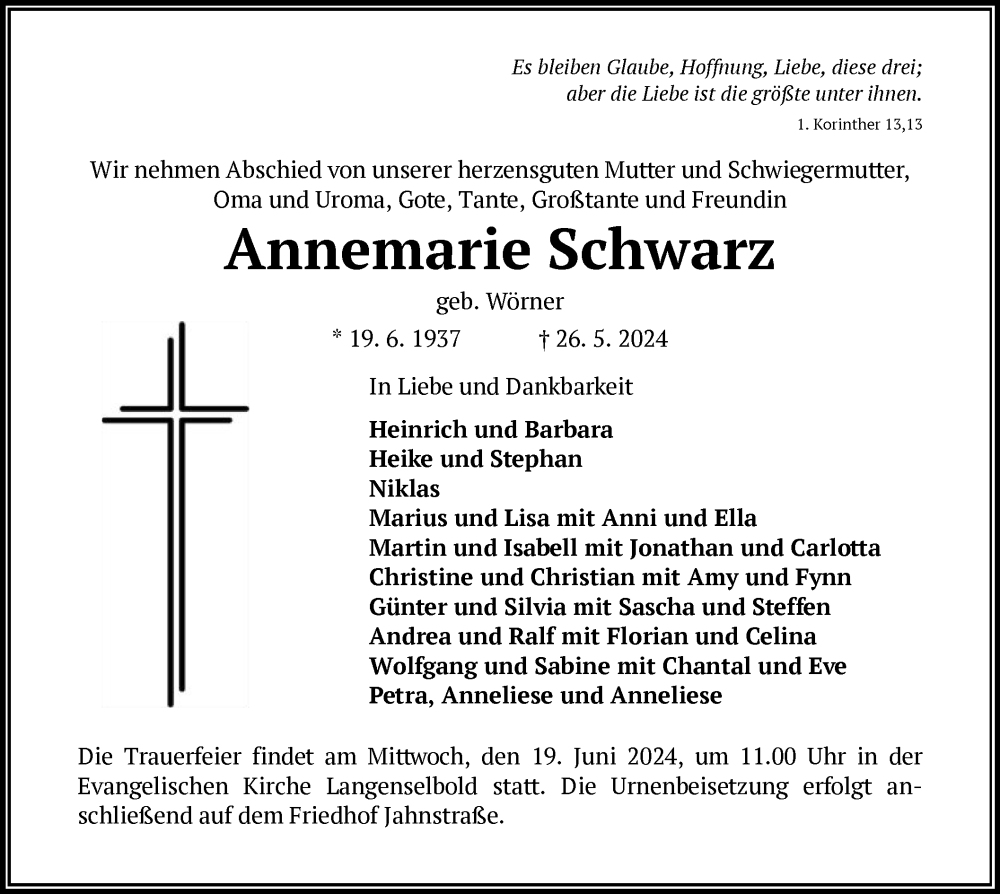  Traueranzeige für Annemarie Schwarz vom 08.06.2024 aus OF