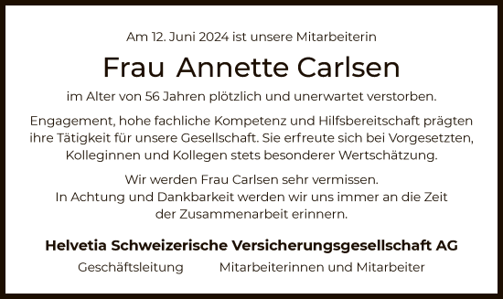 Traueranzeige von Annette Carlsen von OF