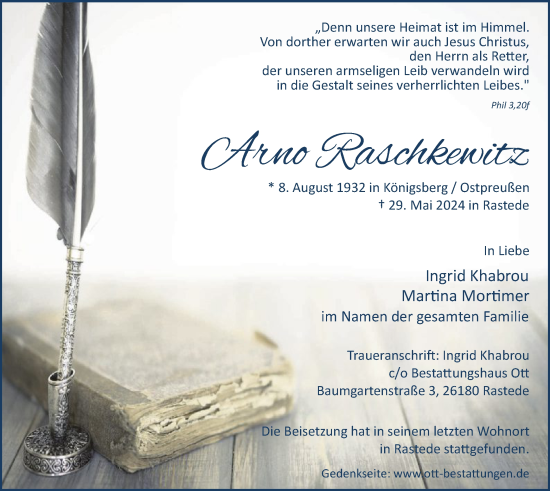 Traueranzeige von Arno Raschkewitz von OF