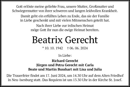 Traueranzeige von Beatrix Gerecht von OF
