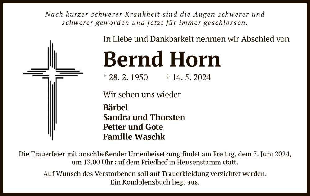  Traueranzeige für Bernd Horn vom 01.06.2024 aus OF