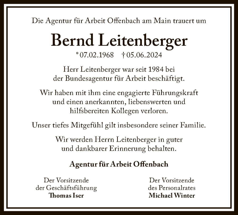  Traueranzeige für Bernd Leitenberger vom 22.06.2024 aus OF