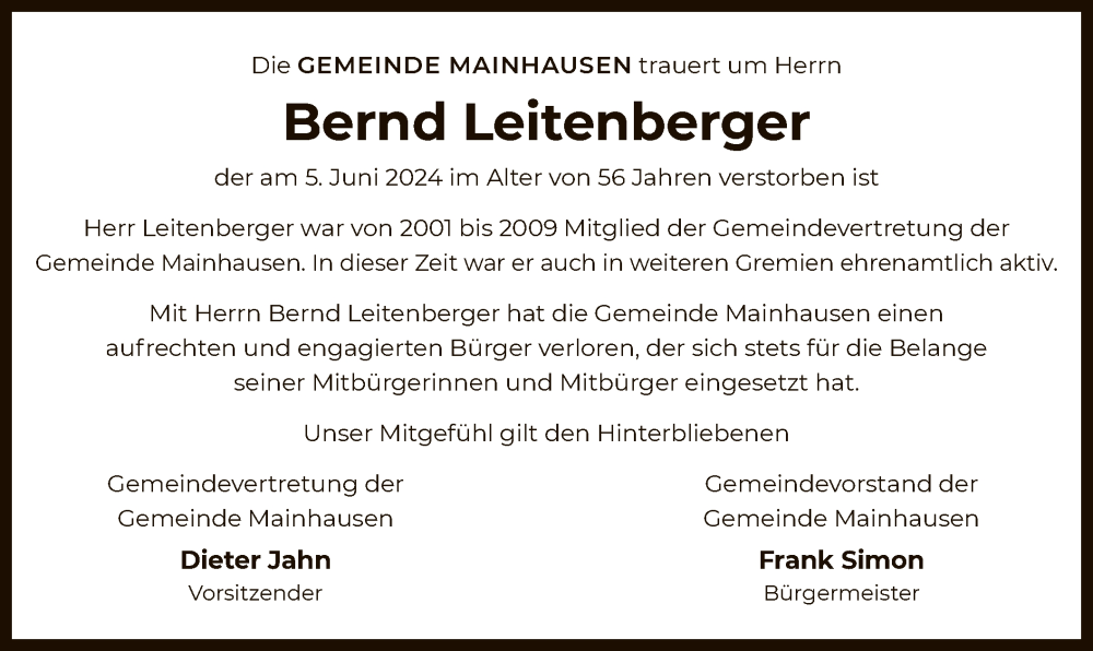  Traueranzeige für Bernd Leitenberger vom 15.06.2024 aus OF