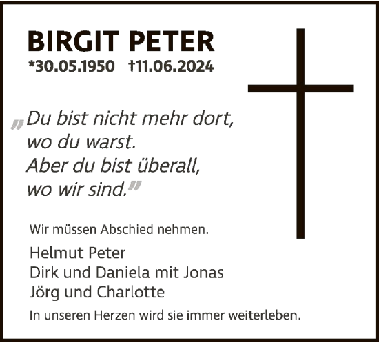Traueranzeige von Birgit Peter von OF