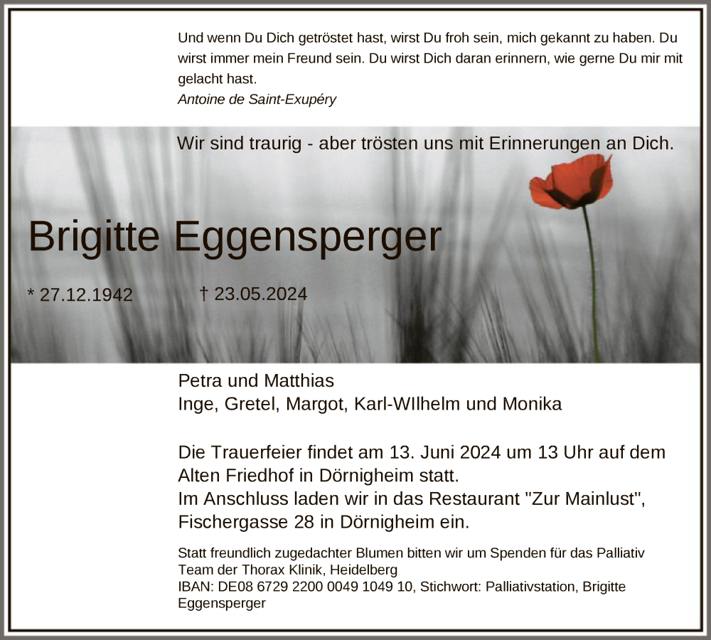  Traueranzeige für Brigitte Eggensperger vom 01.06.2024 aus OF