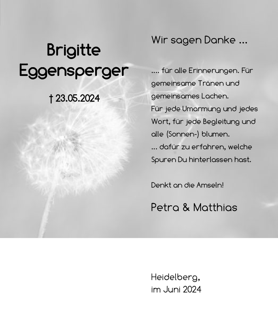  Traueranzeige für Brigitte Eggensperger vom 29.06.2024 aus OF