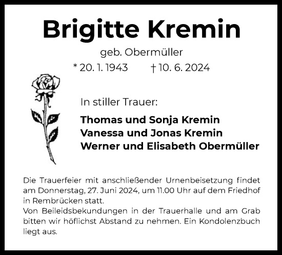 Traueranzeige von Brigitte Kremin von OF
