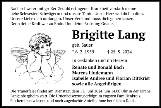 Traueranzeige von Brigitte Lang von OF