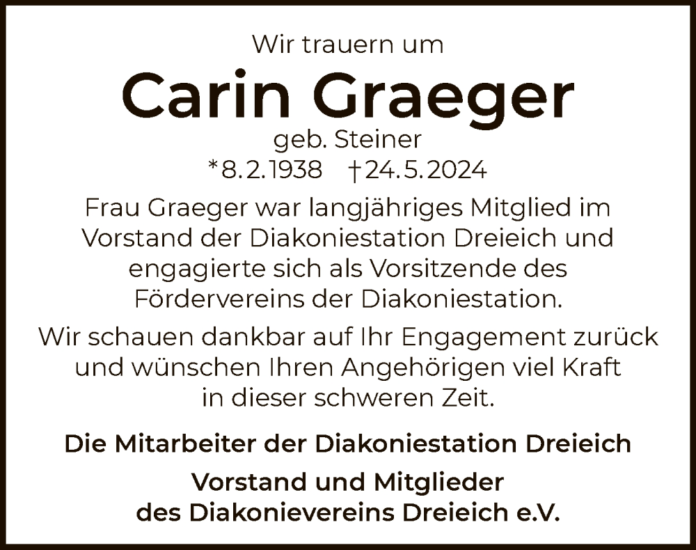  Traueranzeige für Carin Graeger vom 08.06.2024 aus OF