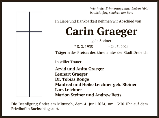 Traueranzeige von Carin Graeger von OF