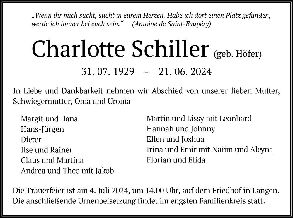  Traueranzeige für Charlotte Schiller vom 29.06.2024 aus OF