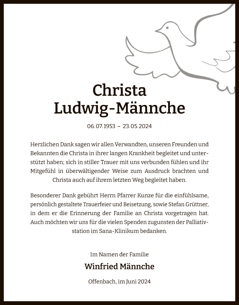  Traueranzeige für Christa Ludwig-Männche vom 15.06.2024 aus OF
