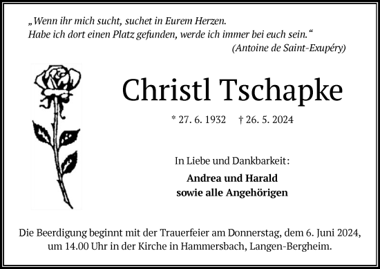 Traueranzeige von Christl Tschapke von OF