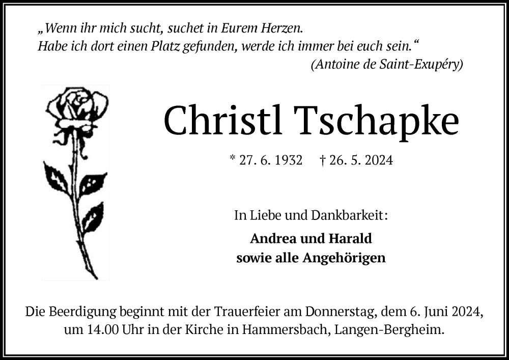  Traueranzeige für Christl Tschapke vom 01.06.2024 aus OF