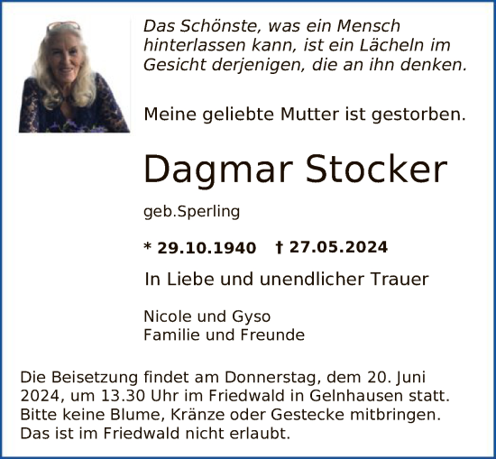 Traueranzeige von Dagmar Stocker von OF
