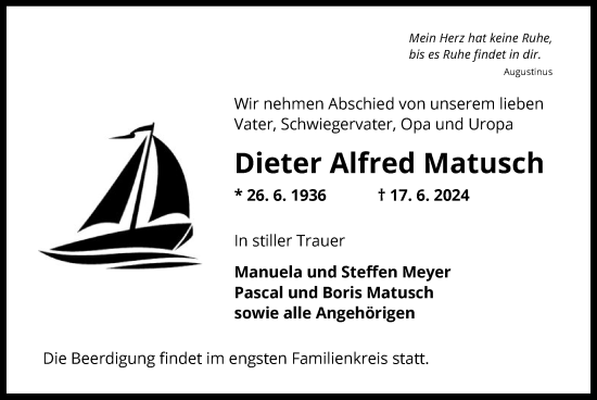 Traueranzeige von Dieter Alfred Matusch von OF