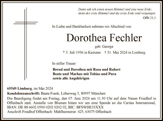 Traueranzeige von Dorothea Fechler von OF