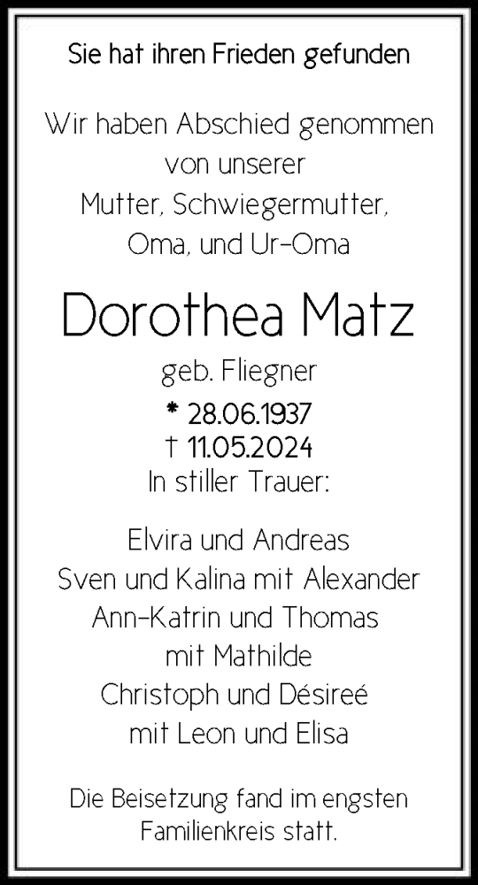 Traueranzeige von Dorothea Matz von OF