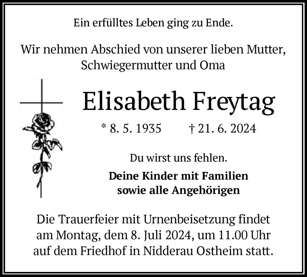  Traueranzeige für Elisabeth Freytag vom 29.06.2024 aus OF