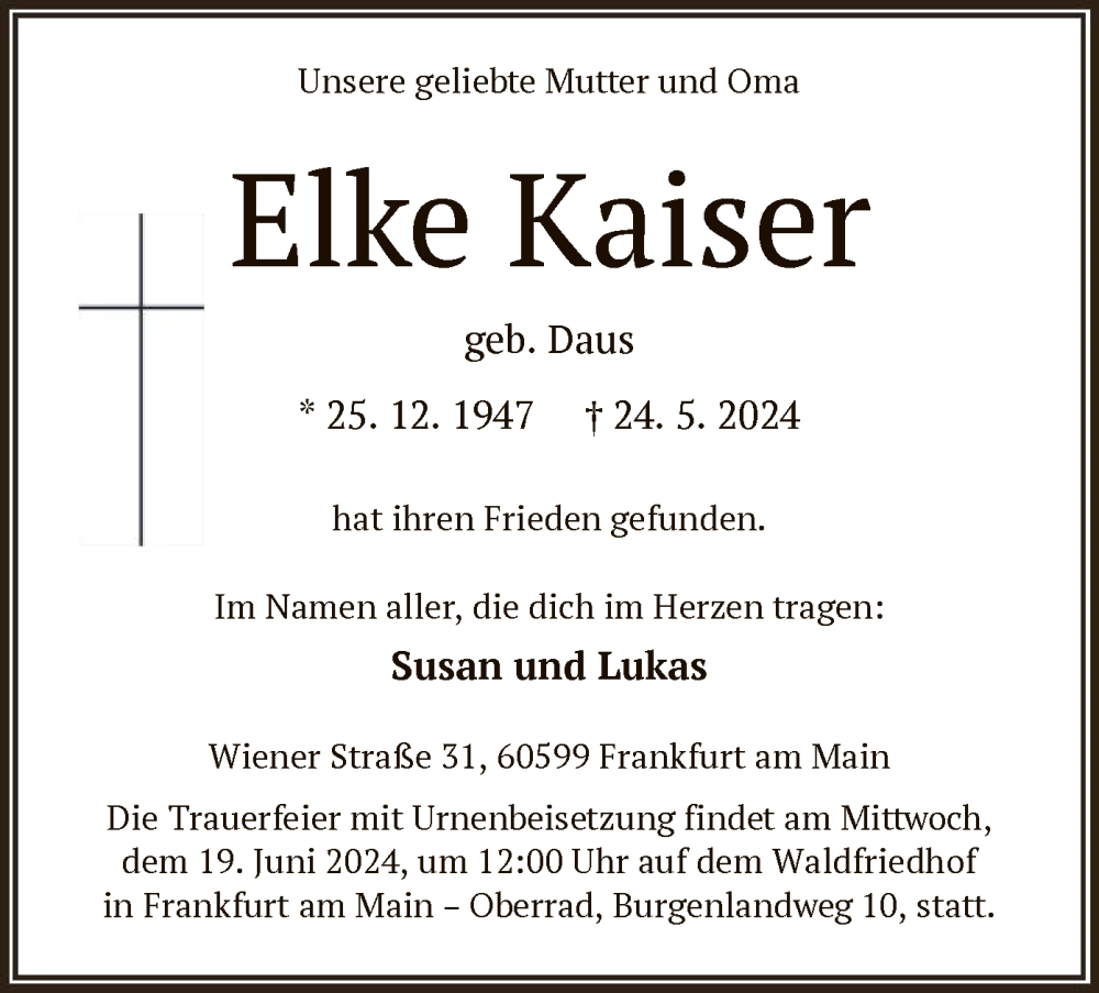  Traueranzeige für Elke Kaiser vom 01.06.2024 aus OF