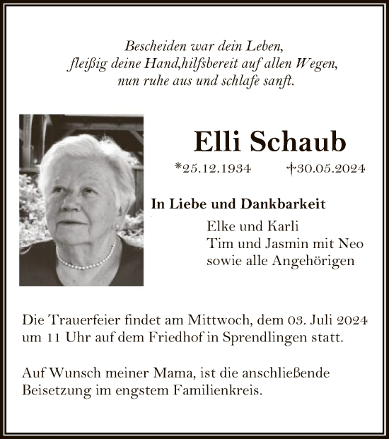 Traueranzeige von Elli Schaub von OF