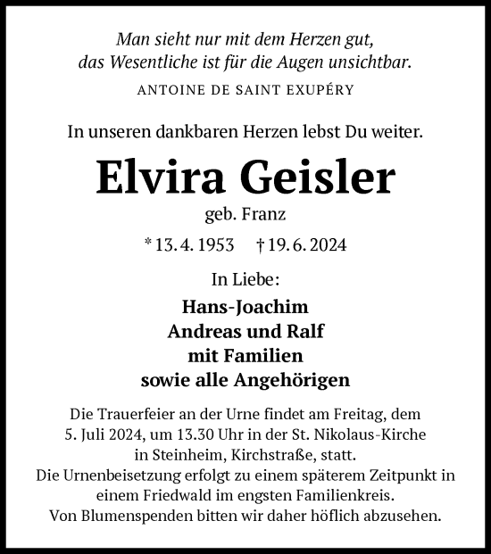 Traueranzeige von Elvira Geisler von OF