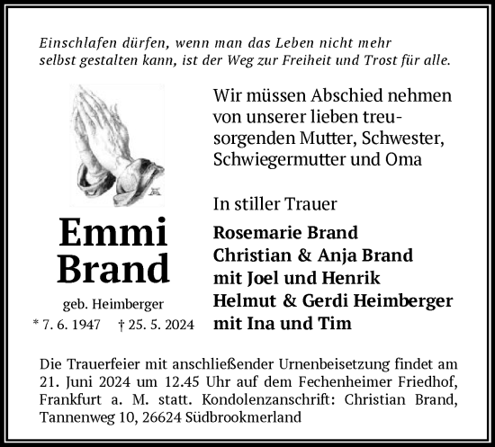 Traueranzeige von Emmi Brand von OF