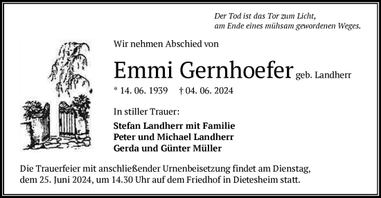 Traueranzeige von Emmi Gernhoefer von OF