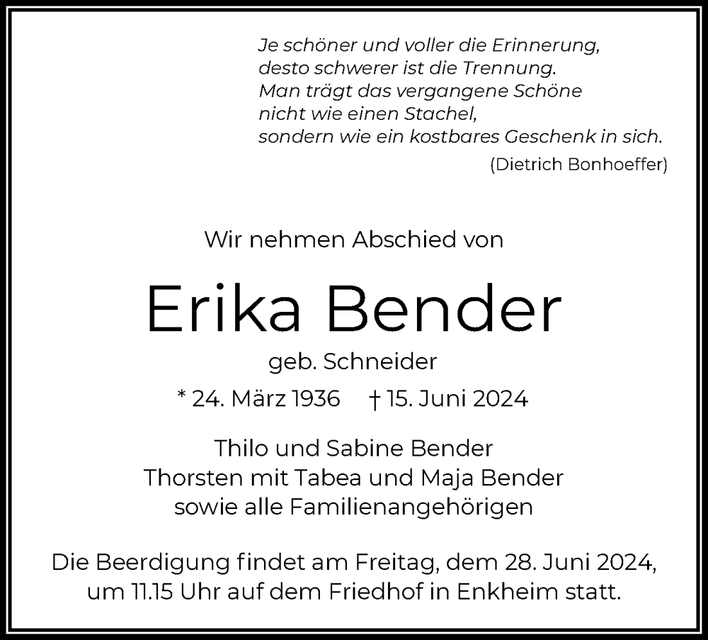  Traueranzeige für Erika Bender vom 22.06.2024 aus OF