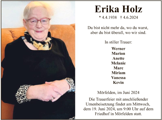 Traueranzeige von Erika Holz von OF