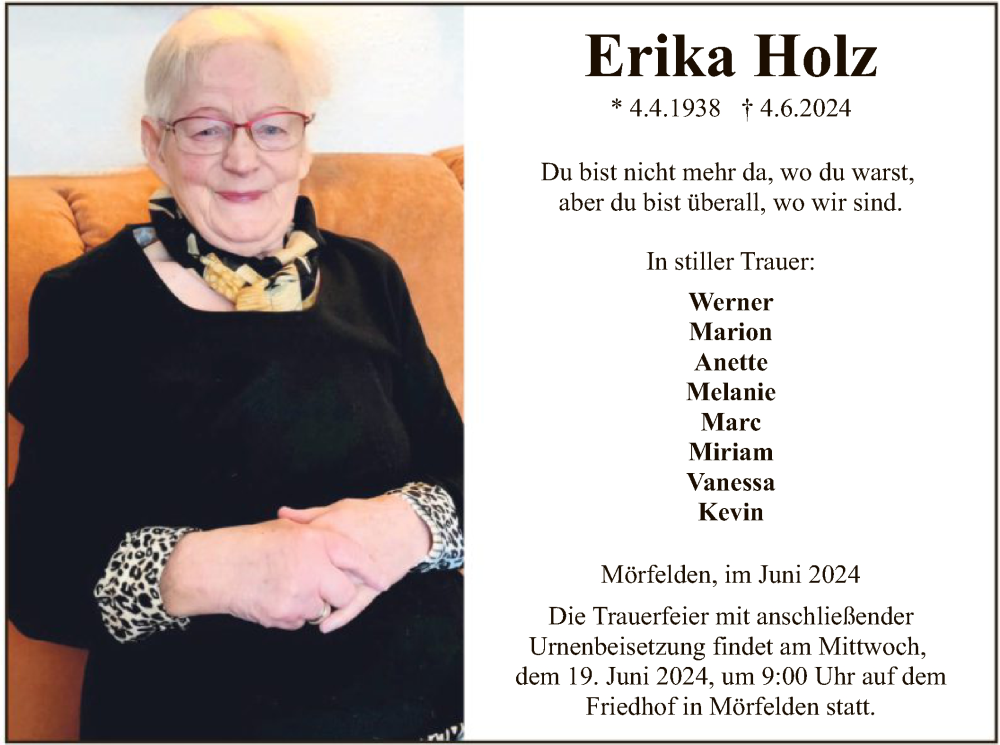  Traueranzeige für Erika Holz vom 14.06.2024 aus OF