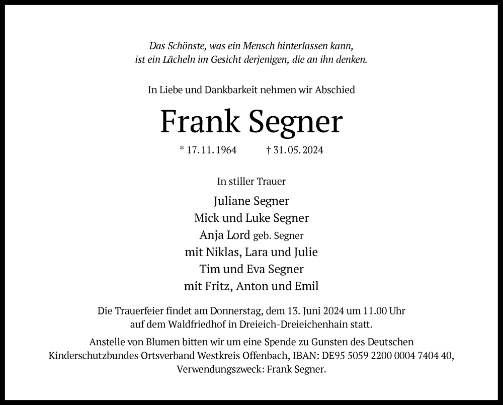  Traueranzeige für Frank Segner vom 08.06.2024 aus OF