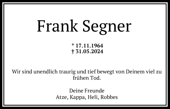 Traueranzeige von Frank Seltner von OF