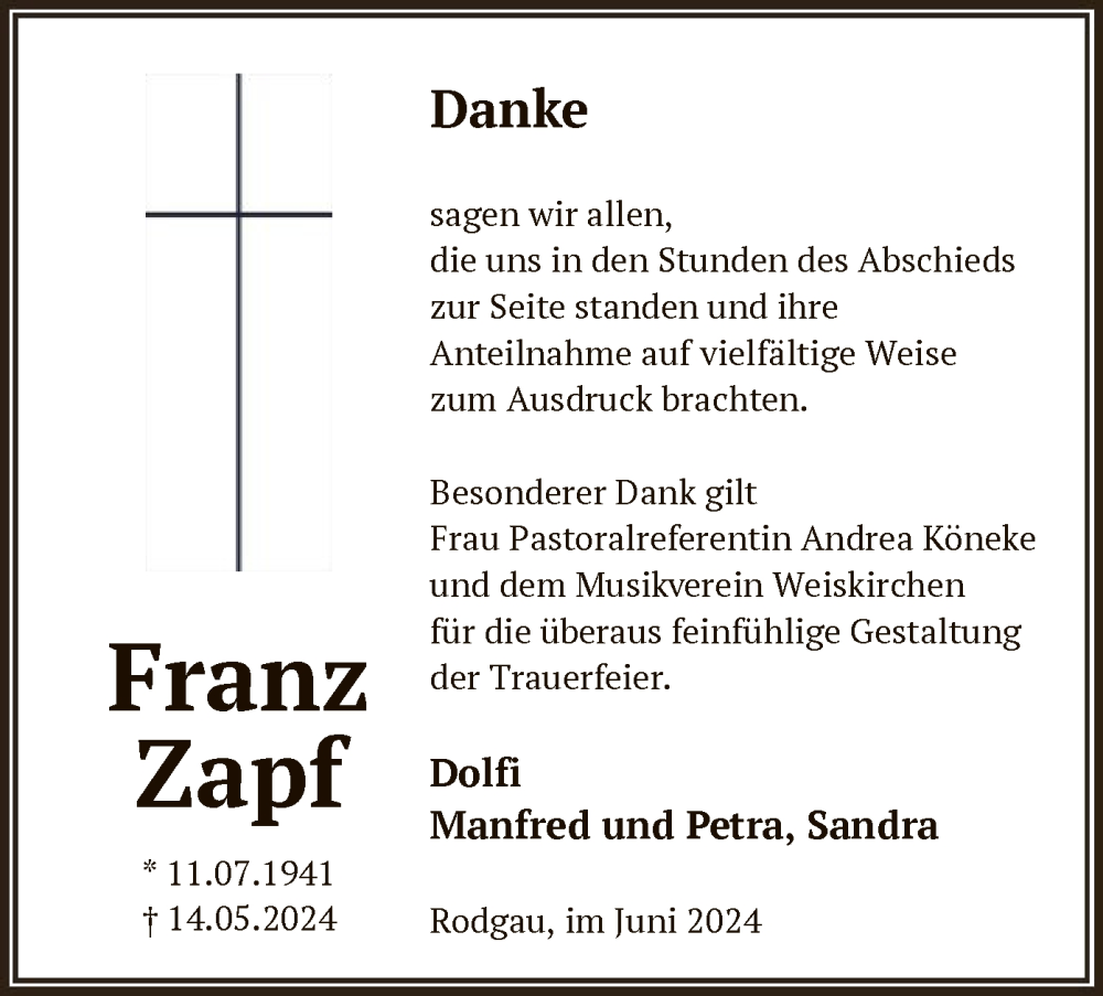  Traueranzeige für Franz Zapf vom 22.06.2024 aus OF