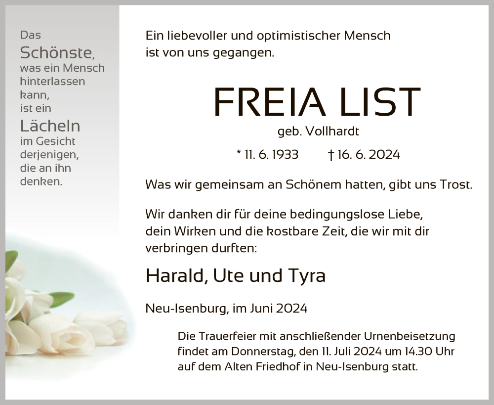  Traueranzeige für Freia List vom 29.06.2024 aus OF