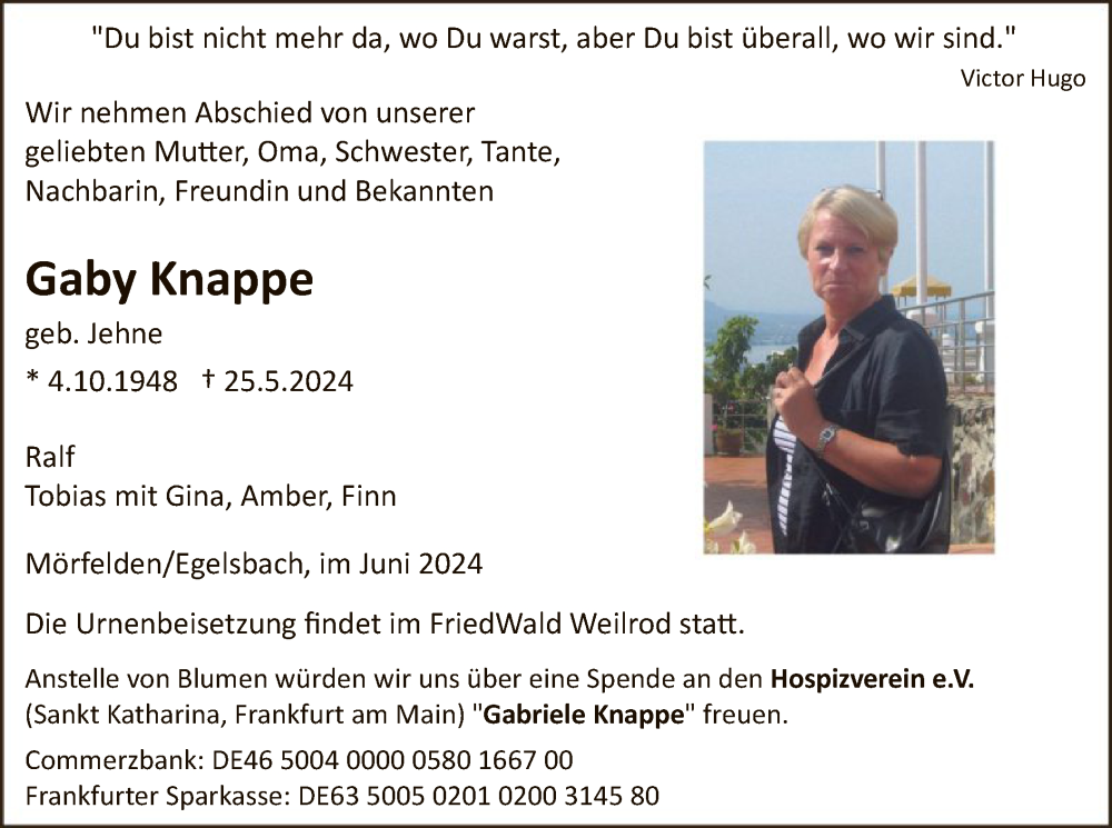  Traueranzeige für Gaby Knappe vom 07.06.2024 aus OF