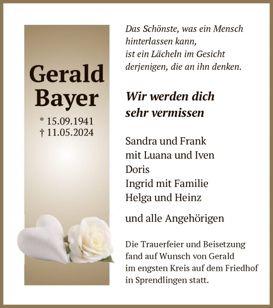 Traueranzeige von Gerald Bayer von OF