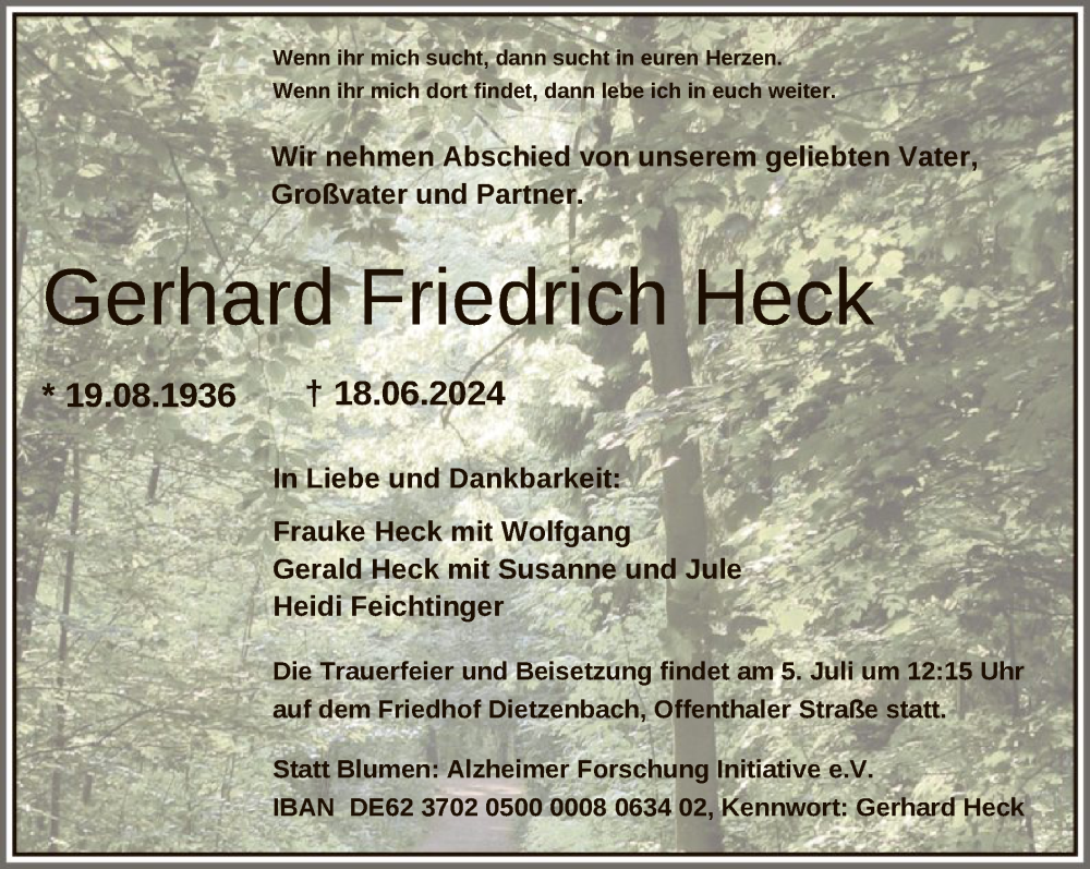  Traueranzeige für Gerhard Friedrich Heck vom 29.06.2024 aus OF
