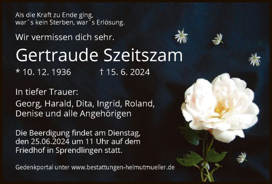 Traueranzeige von Gertraude Szeitszam von OF