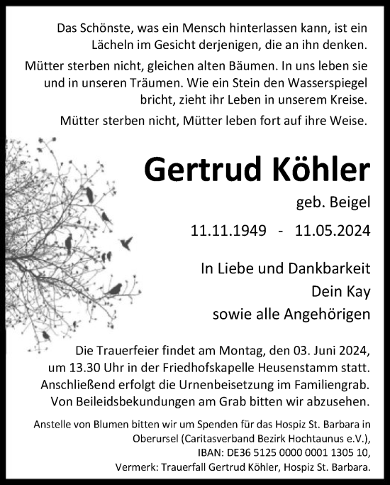 Traueranzeige von Gertrud Köhler von OF