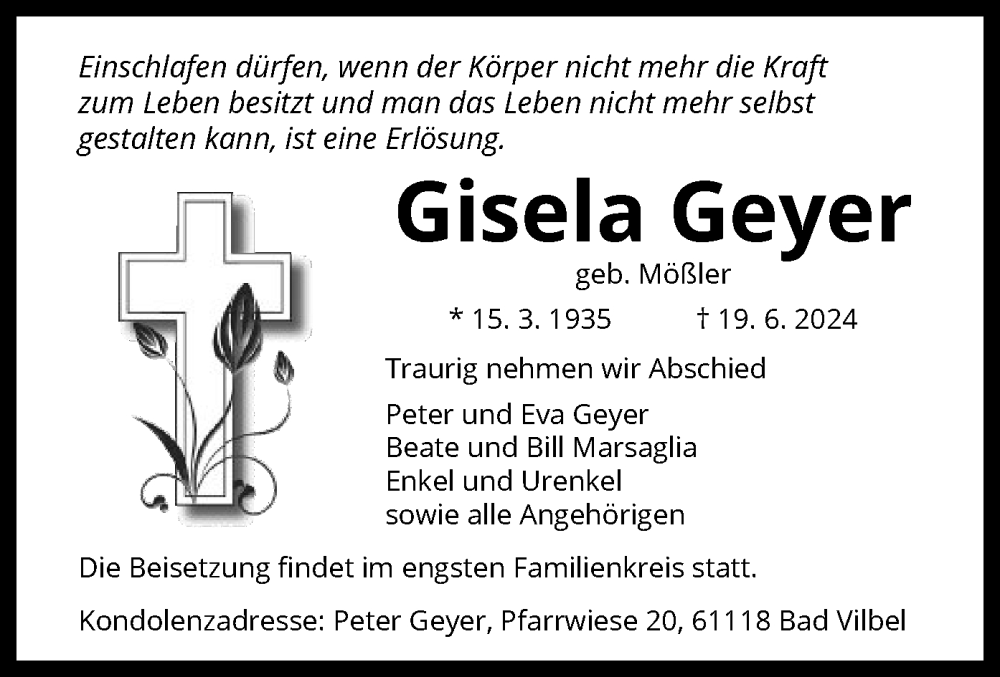  Traueranzeige für Gisela Geyer vom 29.06.2024 aus OF